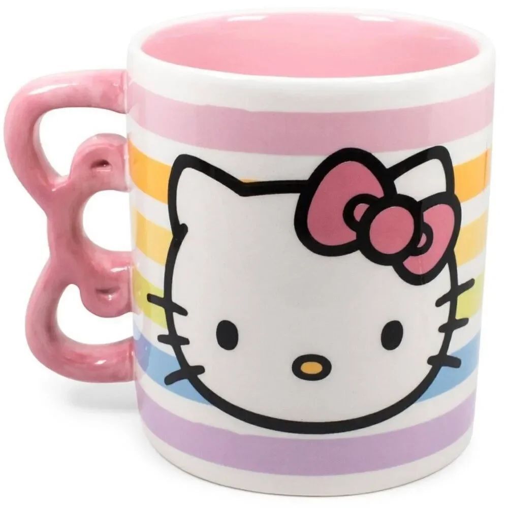 NWT Sanrio Hello Kitty Bow Handle White Pink Ceramic 20 Ounces Coffee Mug Cup